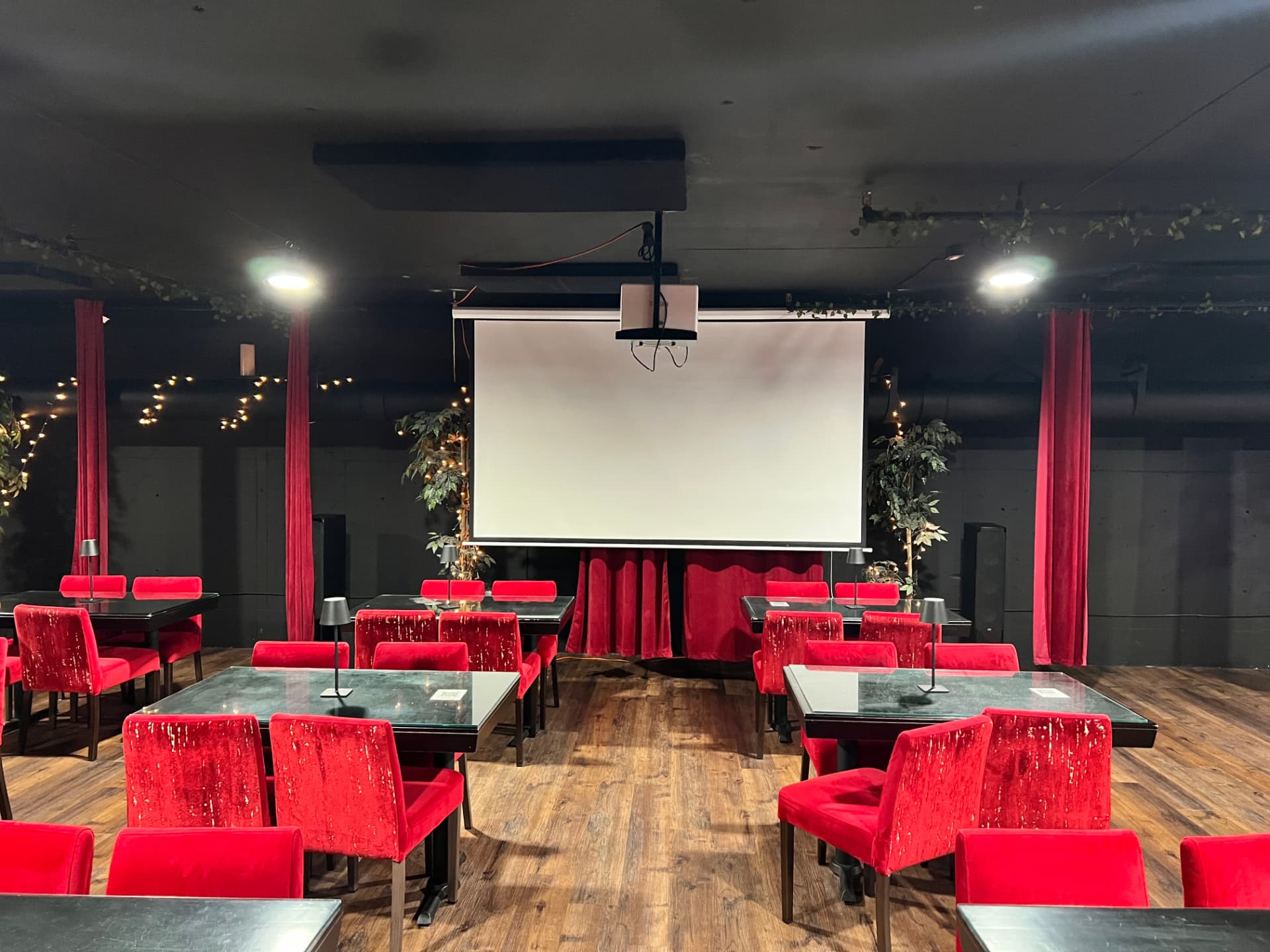 The Underground theatre set with tables for a private event